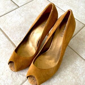 Guess open toe heels with cork heel.